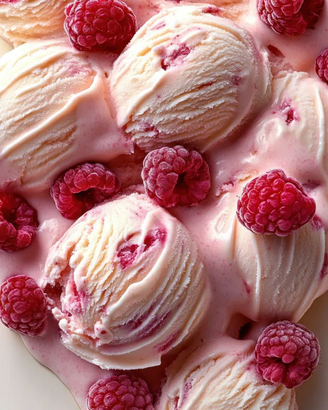 Creamy pink raspberry ice cream scoops with fresh raspberries scattered around them on a pale surface.