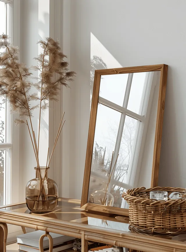 Wooden picture frame mockup on a table with warm boho decor and soft daylight from a window.