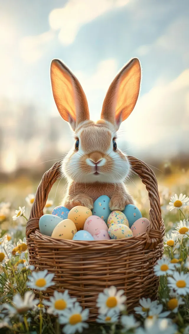 Brown rabbit in a wicker basket surrounded by daisies and speckled Easter eggs in a sunny spring field.
