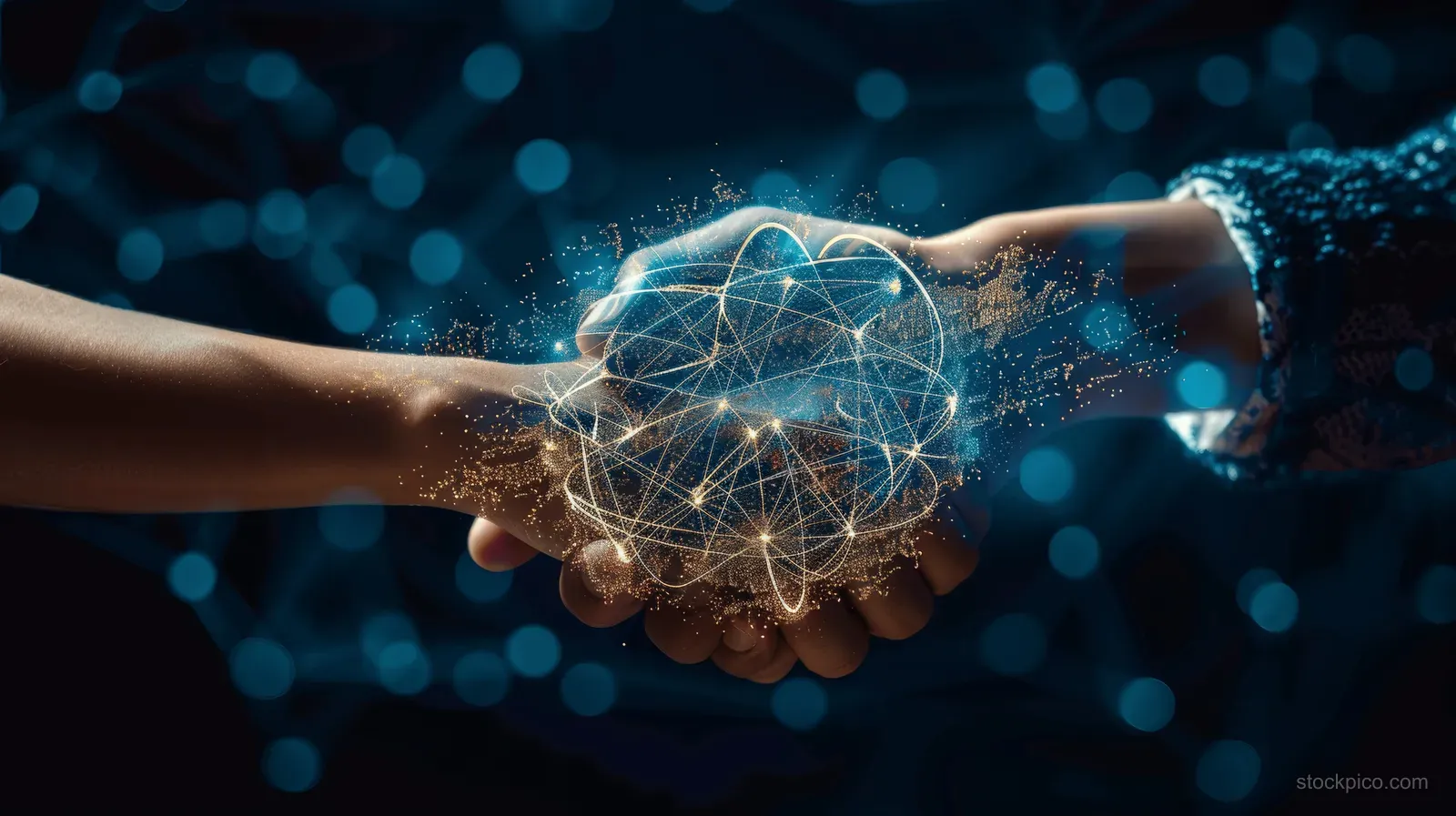 Hands shake in a dark blue scene with a glowing digital network globe between them.