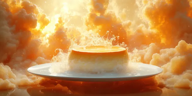 Caramel flan on a white plate with an orange glowing cloud and liquid splash surrounding it.