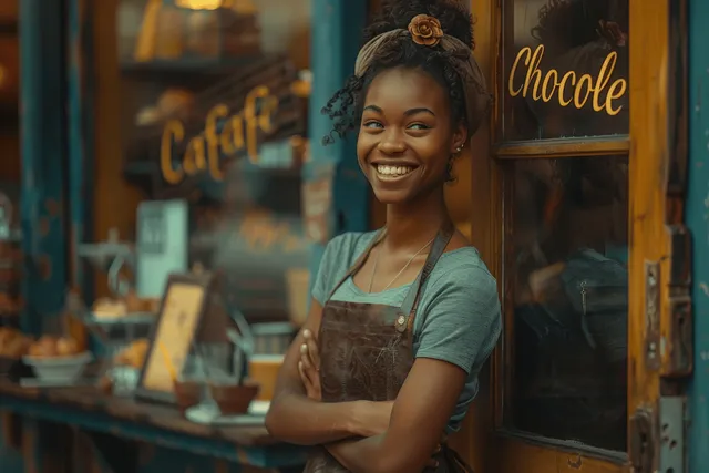A smiling chocolate shop owner in an apron holds a smartphone at a café entrance with chocolate signage behind.
