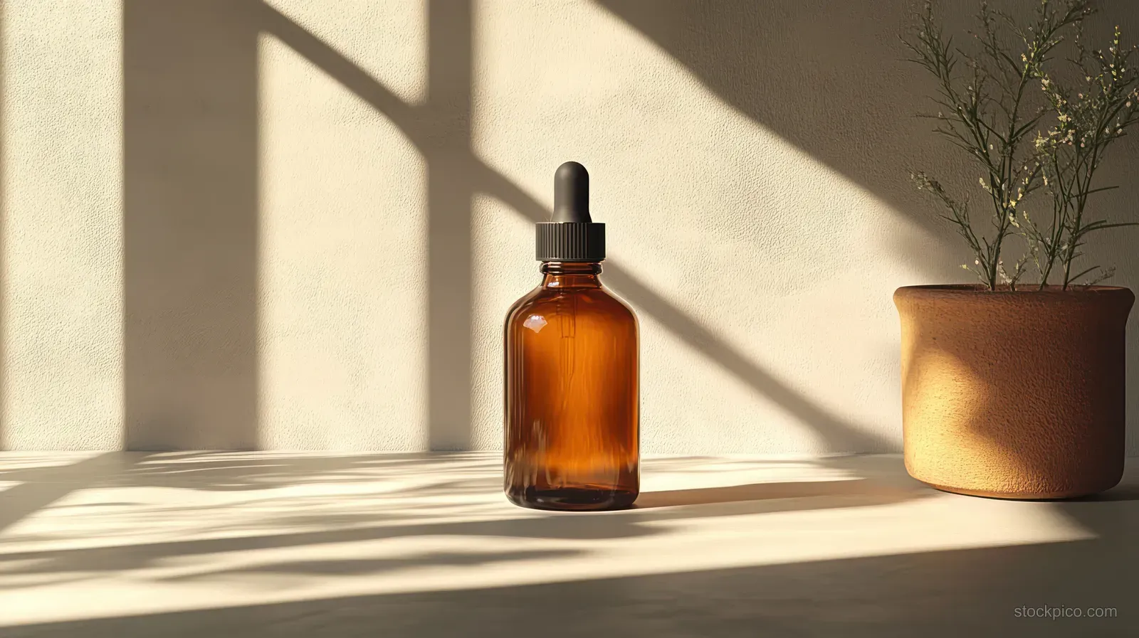Amber dropper bottle standing on a white surface with warm sunlight shadows and a small potted plant nearby.