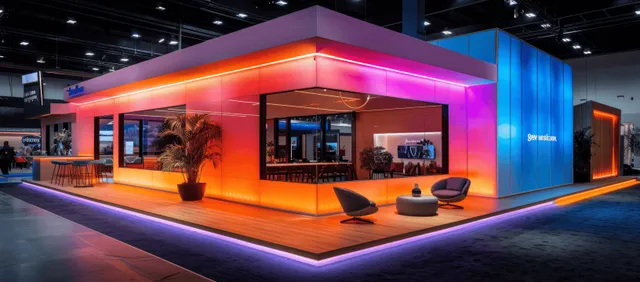 Colorful LED-lit exhibition booth with modern chairs and tables under a neon truss canopy at a trade show.