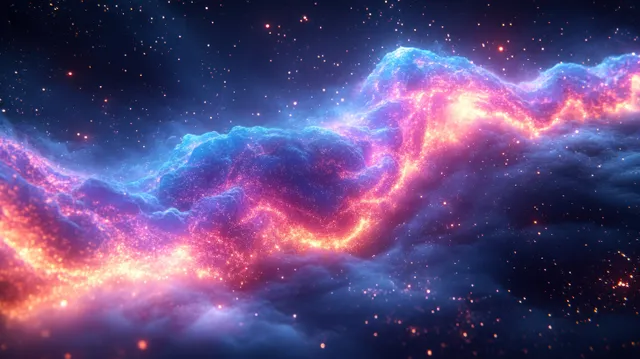 A glowing DNA helix shape flows through a colorful nebula filled with tiny twinkling particles.