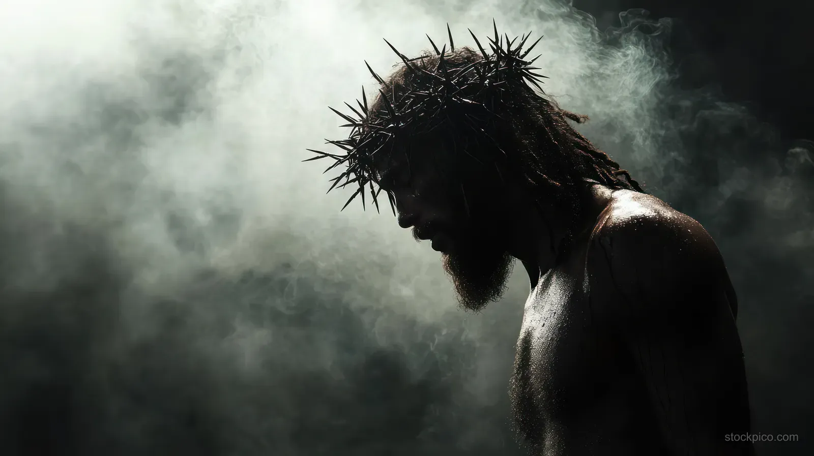 A close-up portrait of Jesus with a crown of thorns in misty, dramatic backlight.