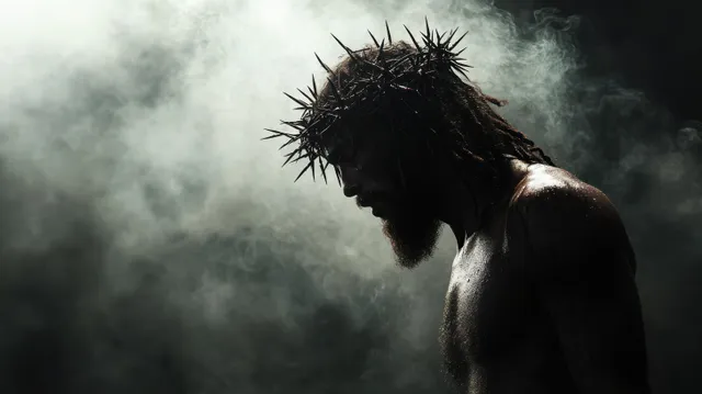 A close-up portrait of Jesus with a crown of thorns in misty, dramatic backlight.