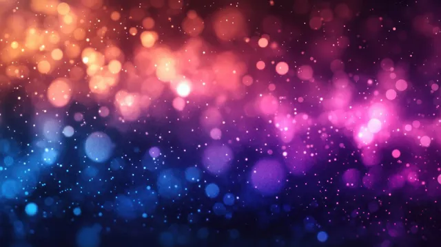 Pink, blue, and purple bokeh lights glow across a festive abstract gradient background