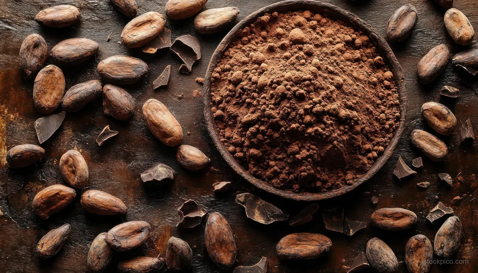 Cocoa powder in a wooden bowl surrounded by cocoa beans and broken shell pieces on rustic wood.