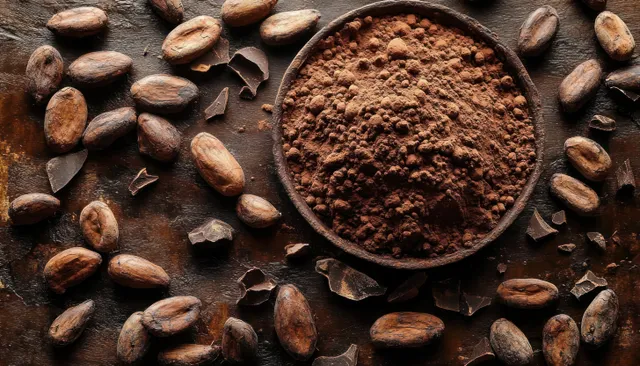 Cocoa powder in a wooden bowl surrounded by cocoa beans and broken shell pieces on rustic wood.