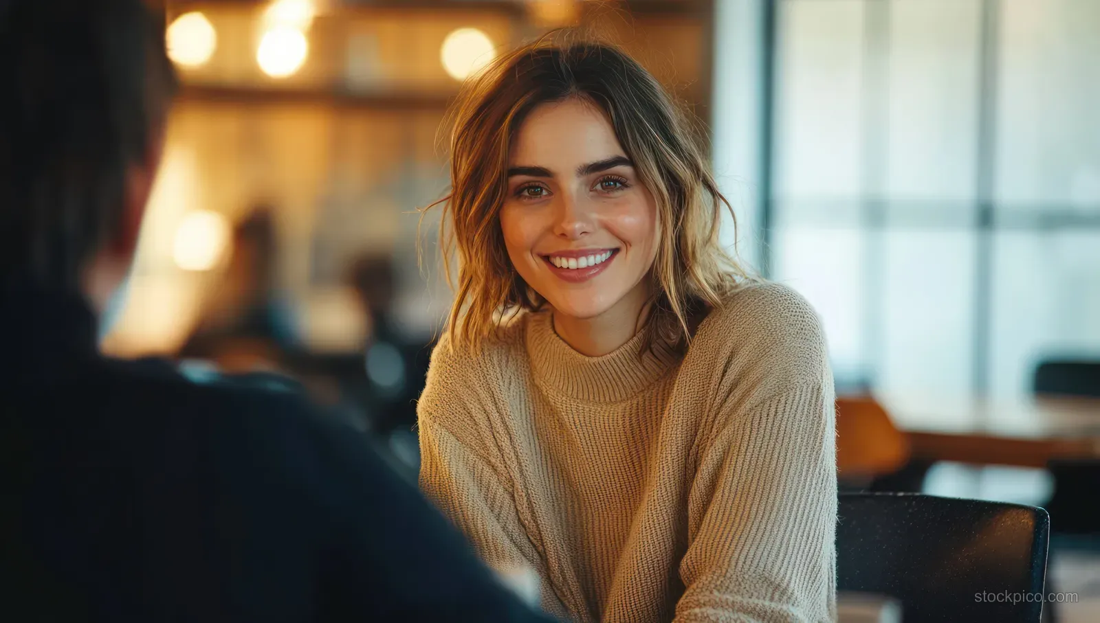 A smiling businesswoman listens in a boardroom meeting with warm window light and blurred coworkers behind her.