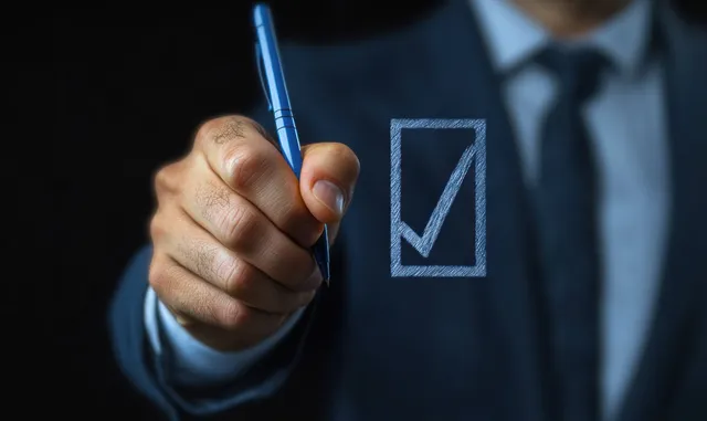 A man in a suit writes a checkmark on a checklist with a blue marker in dark dramatic lighting.