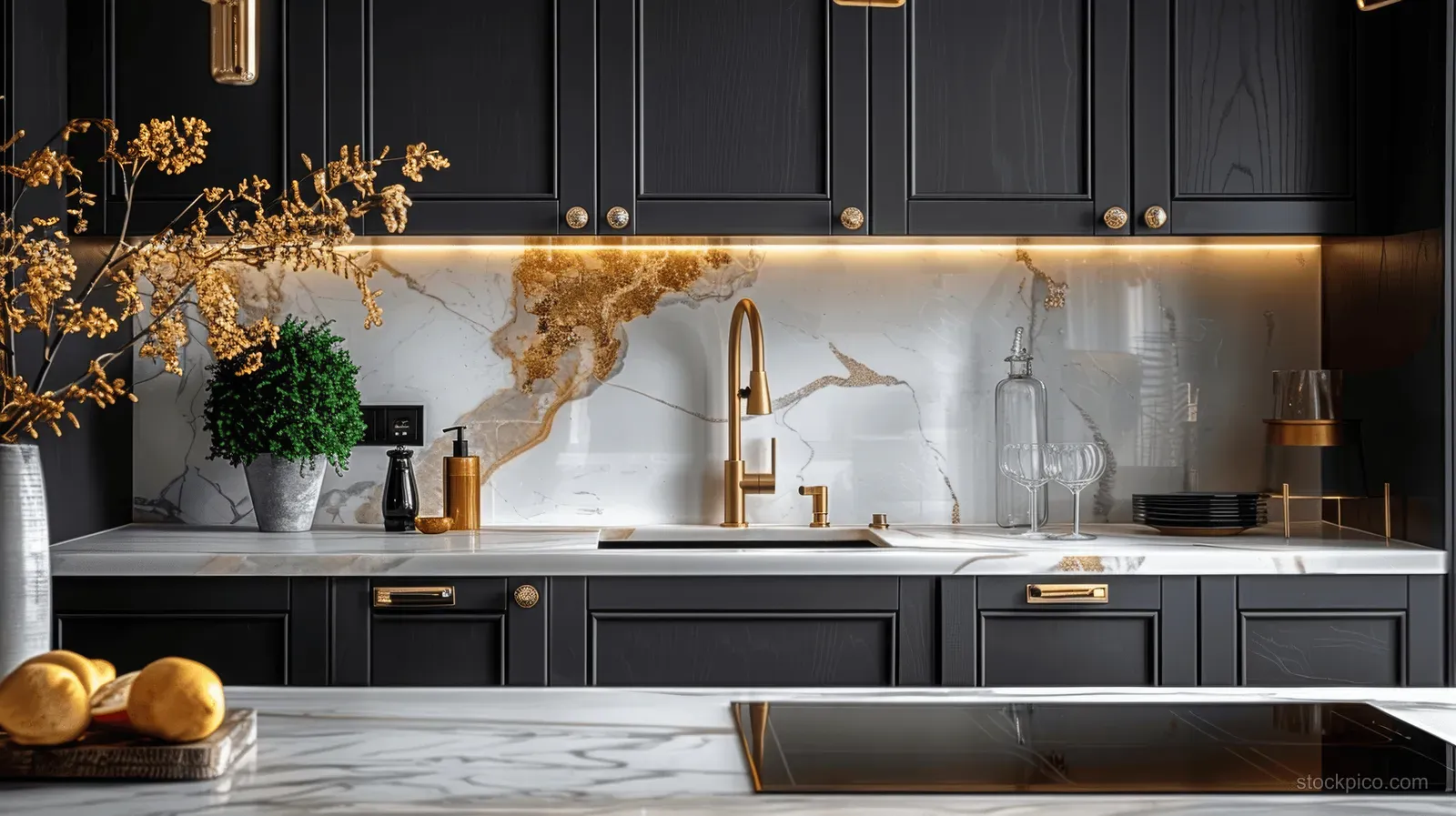 Black kitchen counter and sink with a golden faucet against a white marble backsplash and dark gray cabinets.