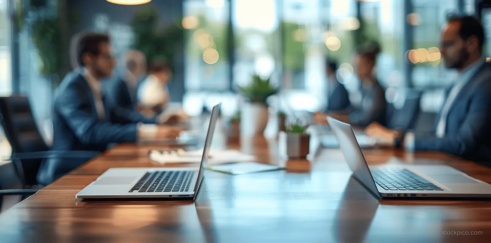 Blurred coworkers meet at a conference table while using laptops and tablets under window light.