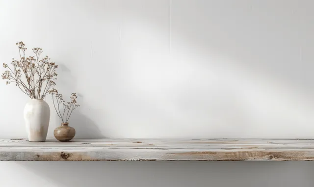 Light wooden tabletop against white wall, minimal interior styling with small vase