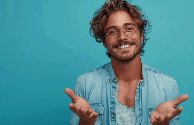 Smiling man with glasses gesturing toward copy space on solid blue background
