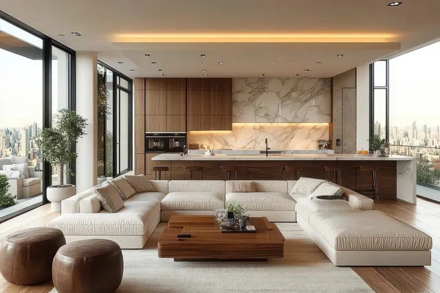 Sunlit open-plan living room with white sectional and marble kitchen island beside panoramic city windows