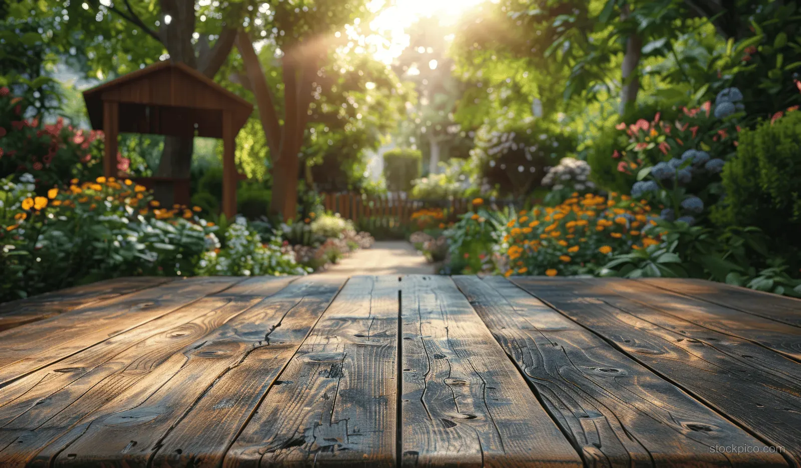 Sunlit wooden patio table in front of a flowerbed with vibrant blooms and lush green leaves.