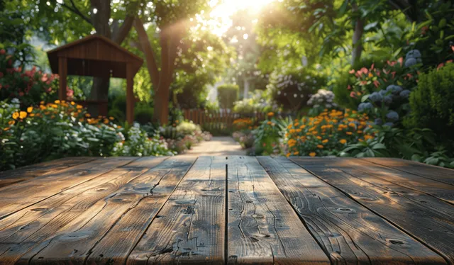 Sunlit wooden patio table in front of a flowerbed with vibrant blooms and lush green leaves.