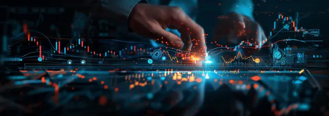 Analyst’s hand taps glowing market charts with candlestick data on digital finance dashboard