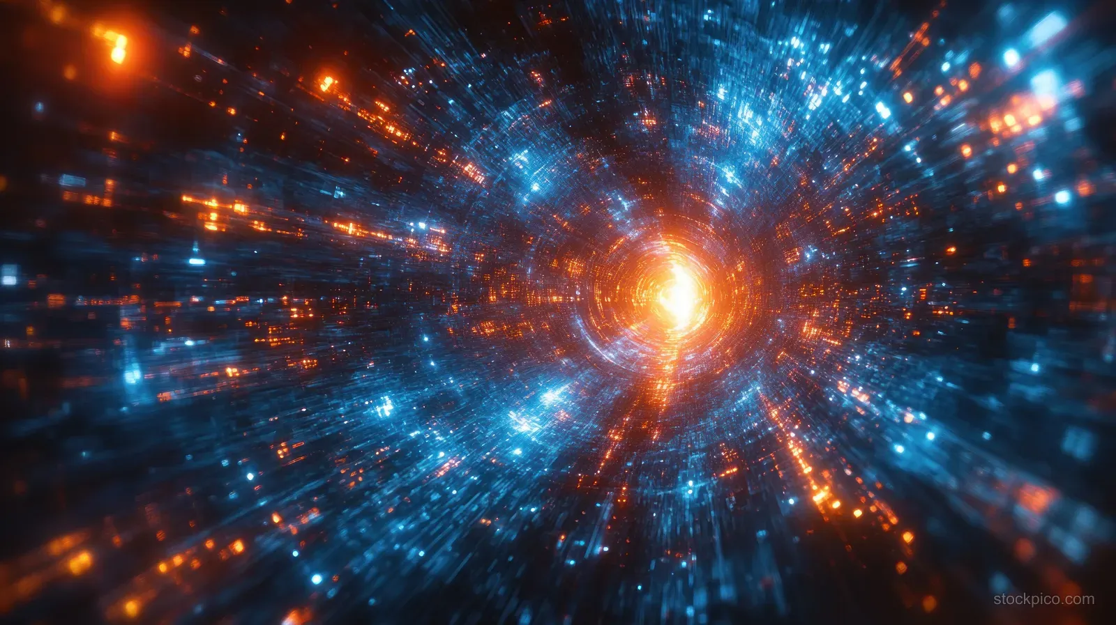 Glowing orange core emits swirling blue and orange light trails through a dark cyberspace tunnel.