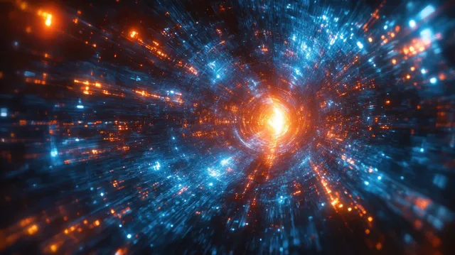 Spiral light trails bursting from glowing core in a dark cyberspace tunnel