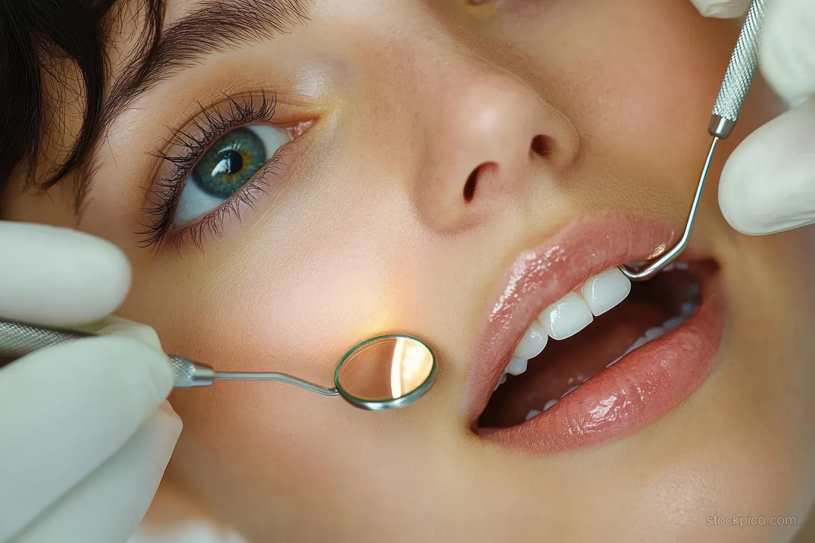 Dentist holds a mouth mirror and dental probe during a close-up oral exam of a young woman’s open mouth.