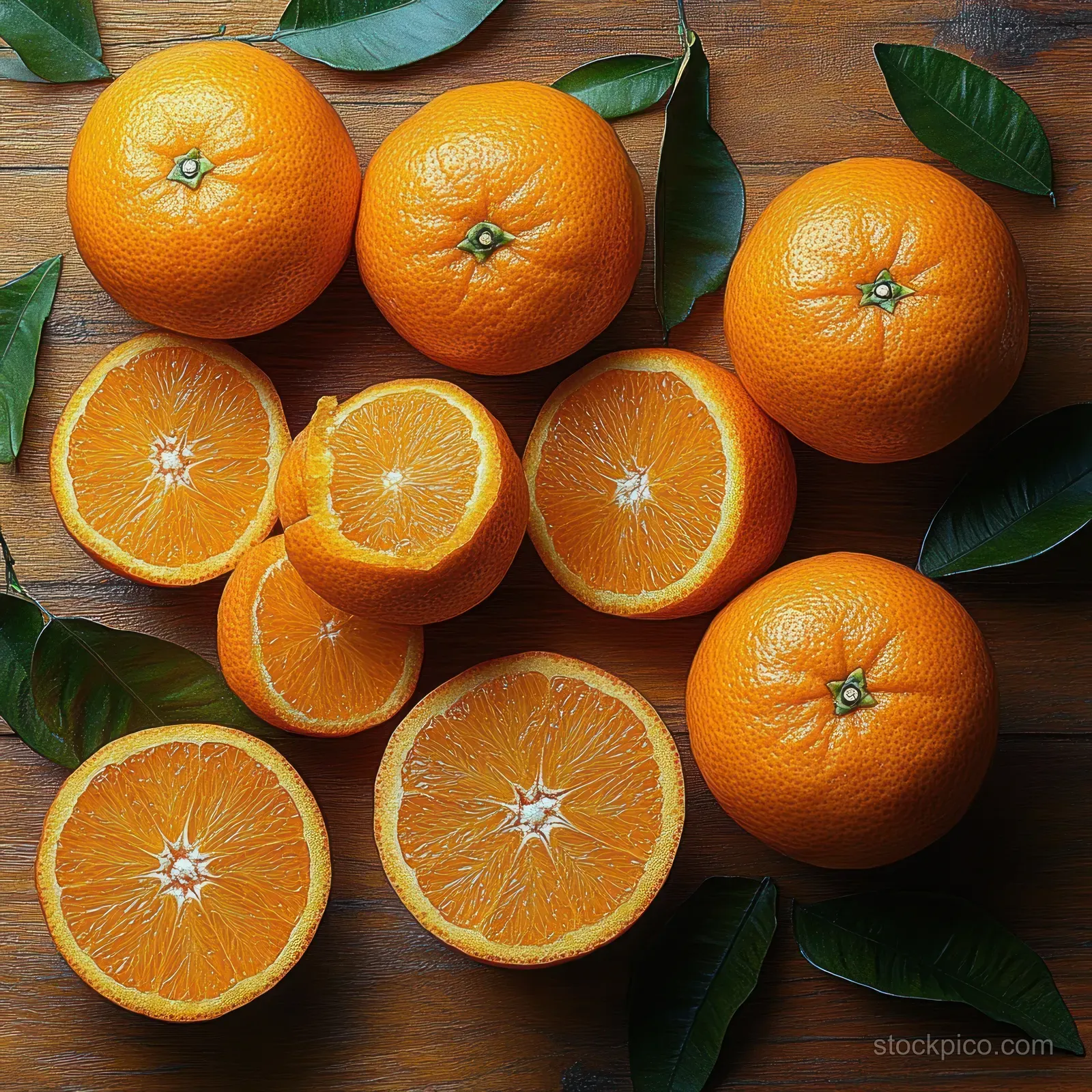 Whole and sliced oranges with green leaves arranged on a wooden table under natural light.