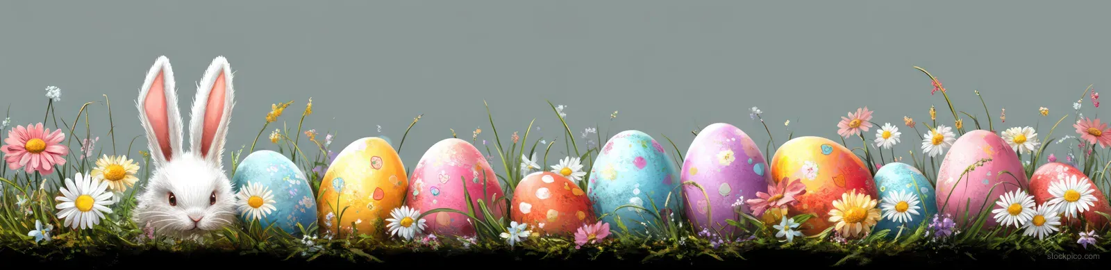 White bunny peeking through grass beside decorated Easter eggs with daisies on a gray background.