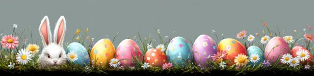 White bunny peeking through spring grass beside colorful decorated Easter eggs and daisies