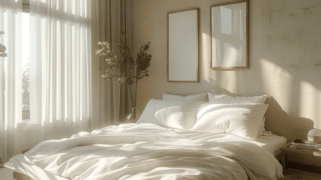 White bed with neatly arranged linen beneath soft sunlight filtered through sheer curtains.
