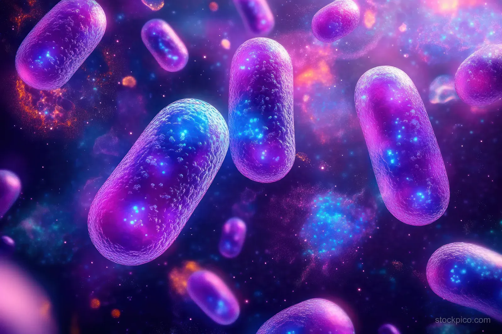Fluorescent purple and blue rod-shaped bacteria float through a neon particle-filled background.