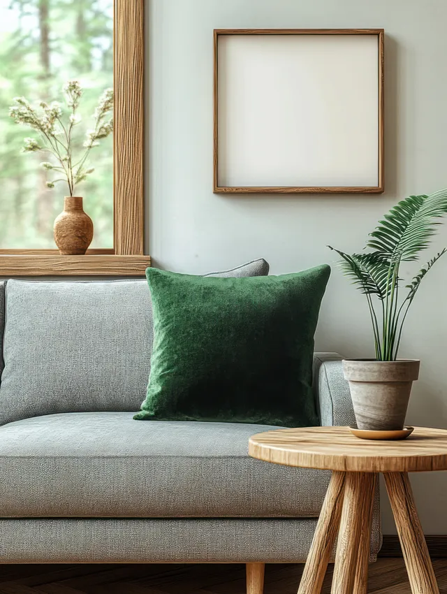 Gray sofa with a green cushion next to a round wooden side table and potted plants under soft ambient lighting.