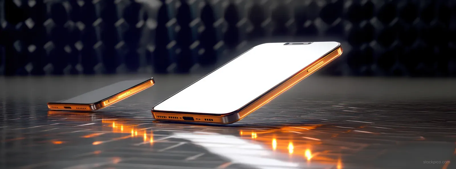 Two modern smartphones rest on a reflective surface with glowing orange edges against a dark textured background.
