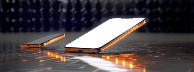 Two modern smartphones with glowing orange edges on reflective surface, dark textured backdrop