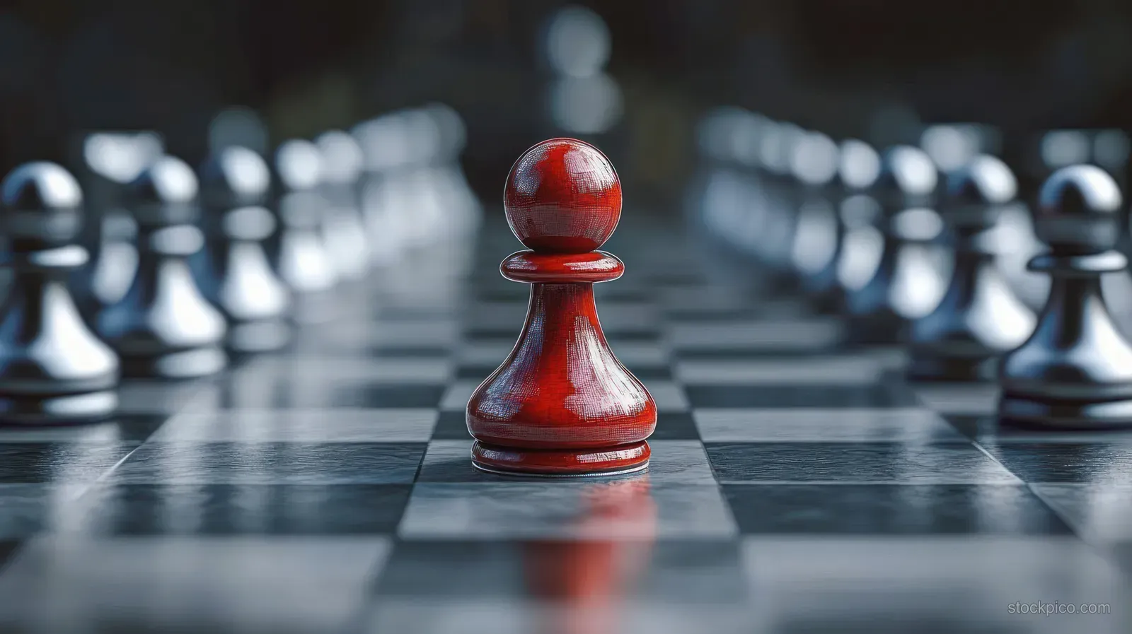 Close-up of a red chess pawn facing rows of white pawns on a black and white chessboard.