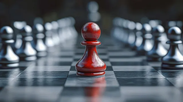 Close-up of a red chess pawn facing rows of white pawns on a black and white chessboard.