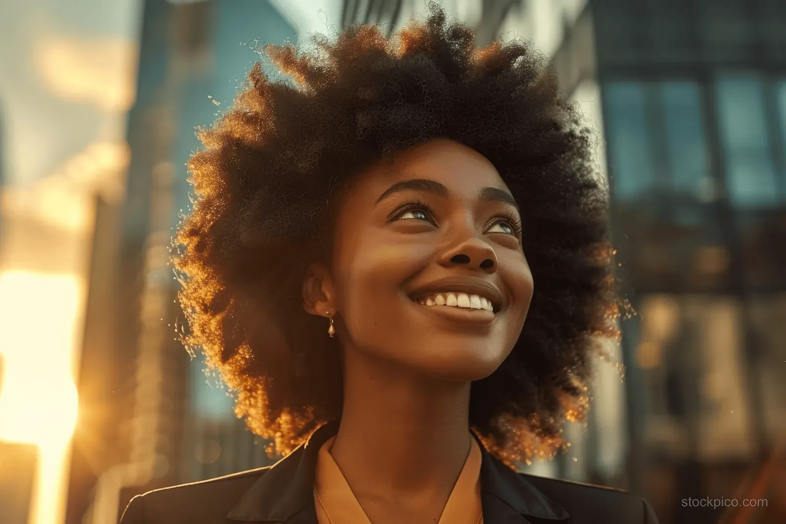 Smiling woman with an afro hairstyle looks up as sunset light illuminates city buildings behind her.