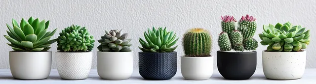 Seven small potted succulents and cacti sit in a row on a white textured background.