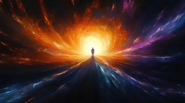 Silhouette of a person walking toward a glowing fiery tunnel surrounded by swirling nebula colors.