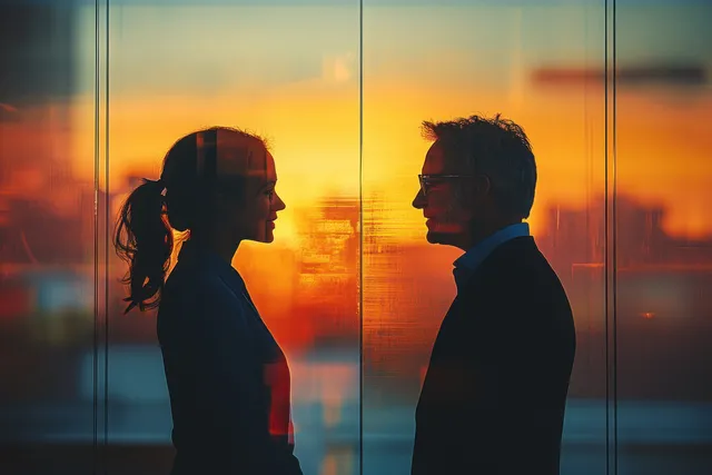 Two office colleagues review presentation content on laptops across a desk in warm sunset light.