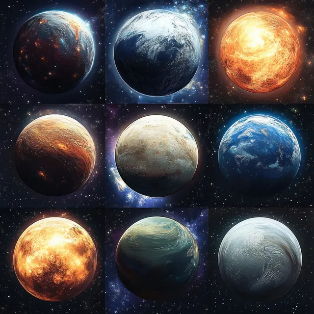 A grid of textured planets floats in deep space with starry background and dramatic golden-blue lighting.