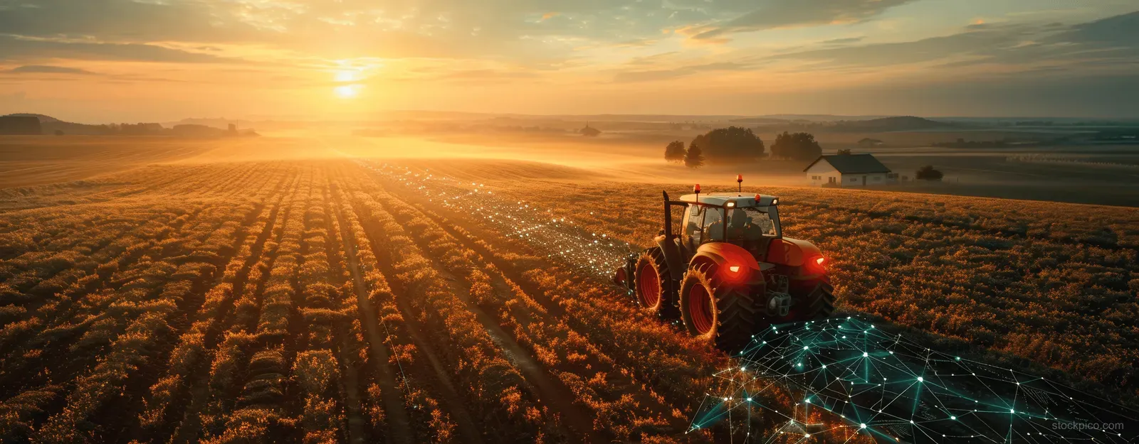A red tractor drives through crop rows at sunrise with glowing digital crop-health and weather data overlays.