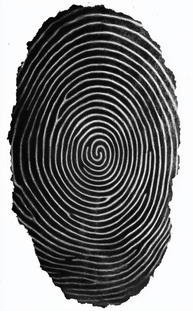 A macro black fingerprint pattern with swirling concentric ridges and a central whorl on a white background.