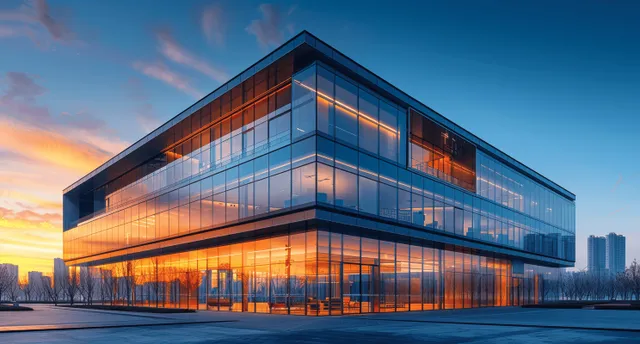 A modern glass office building reflects the sunset sky in a Beijing industrial park at dusk.