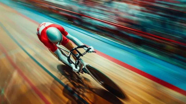 Cyclist leans through a velodrome curve while the track lanes blur from high-speed motion.