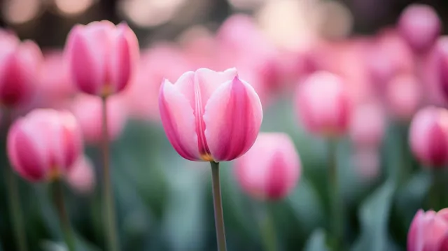 Pink tulip blooming in a spring field with soft bokeh petals and gentle natural light
