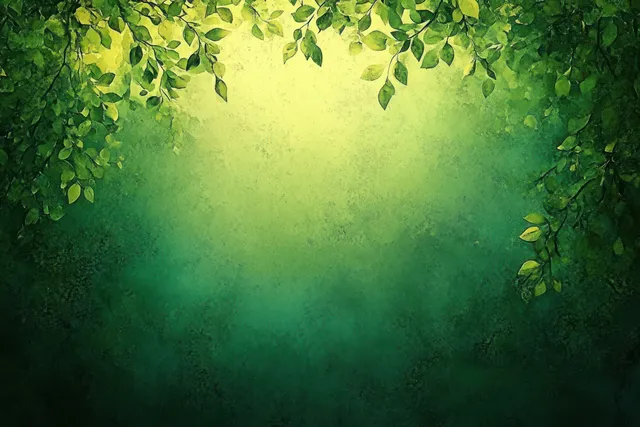 Green yellow misty abstract background with leafy frame and vintage grunge spotlight glow