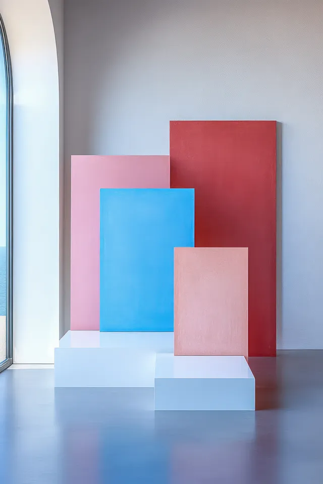 Colorful rectangular art panels in red, pink, and blue sit on white steps near an arched window with ocean view.