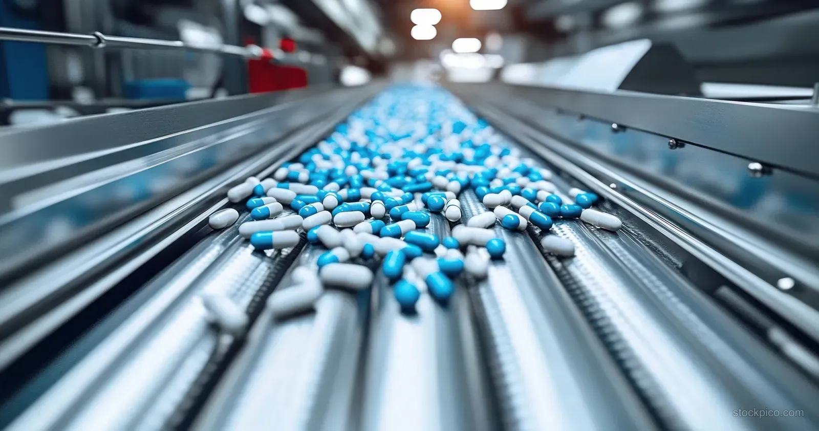 Blue pharmaceutical capsules slide along stainless rails on an automated production line conveyor.